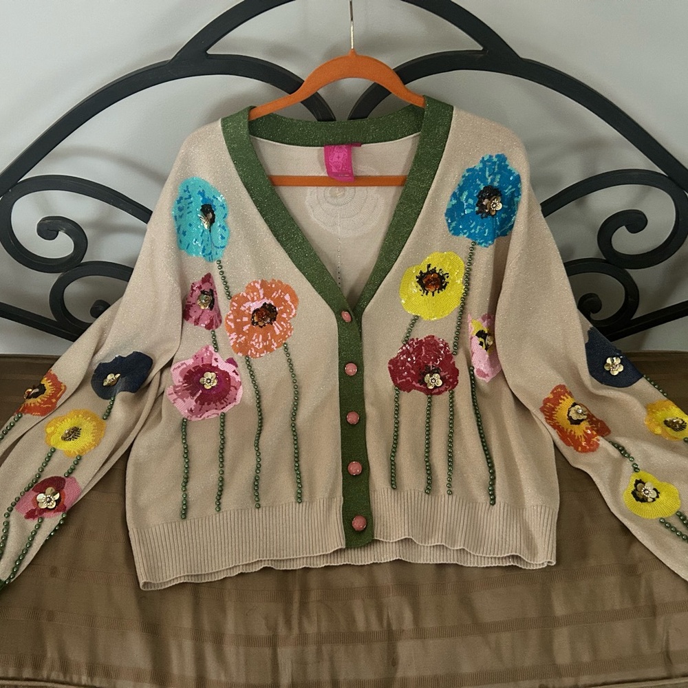QUEEN OF SPARKLES Floral Embellished Cardigan - Cream, Green, Pink, Yellow, Blue
